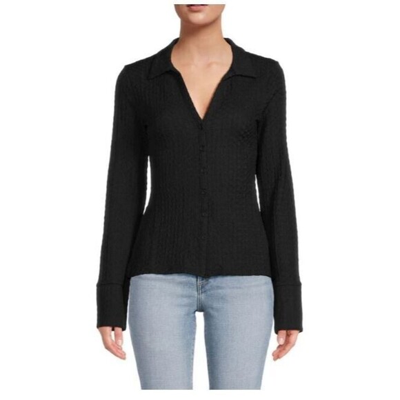 French Connection Blouse NWT Black Tash Textured Top Shirt Button Front Size S - Picture 1 of 12